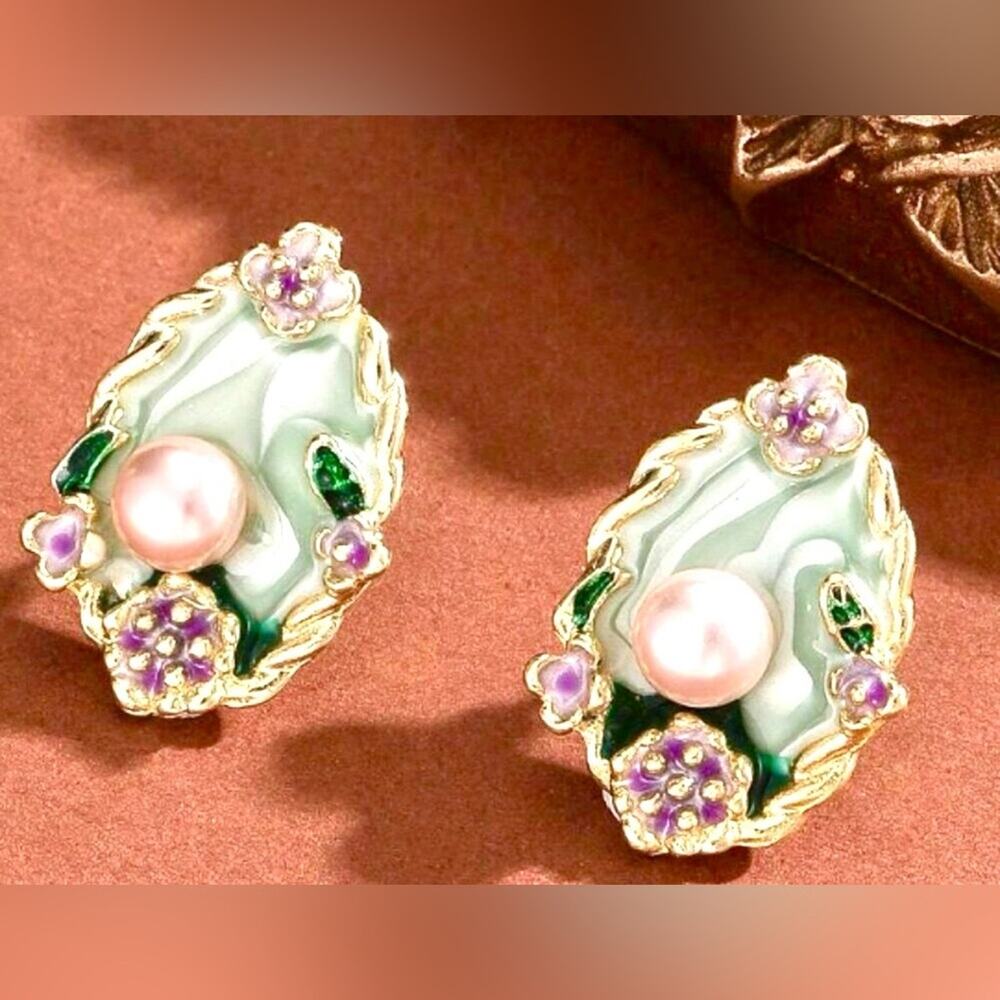 Enchanted Garden Pearl & Enamel Floral Stud Earrings